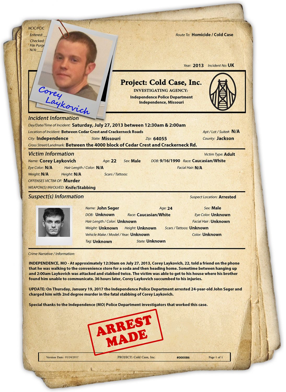 **Update** Solved Cold Case Spotlight - Corey Laykovich - Project: Cold